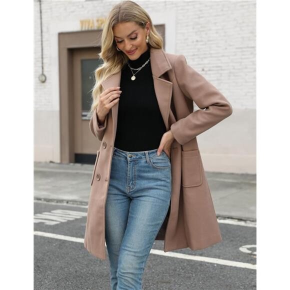 Women Mid-Long Coat Notch Double-Breasted Brown